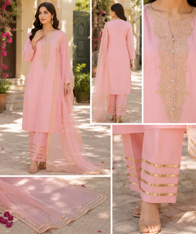 Minaal Summer 3Pc Viscose Ready to wear | Viscose | 3-Piece Peach Color