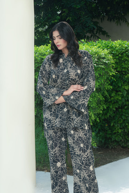Black floral digital printed lawn co-ord set 2PC