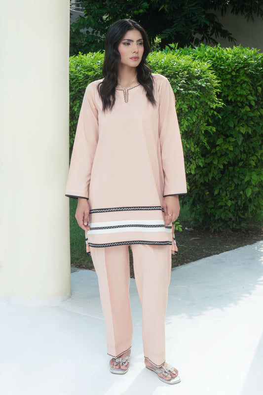 Peach Embellished Embroided Cotton Co-ord 2PC