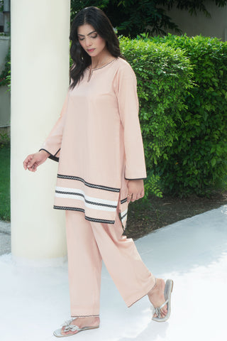 Peach Embellished Embroided Cotton Co-ord 2PC
