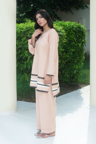 Peach Embellished Embroided Cotton Co-ord 2PC