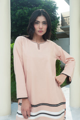 Peach Embellished Embroided Cotton Co-ord 2PC