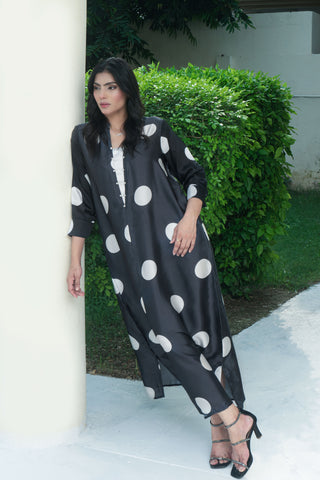 Black Silk Digitital Printed polka dots long Shirt
