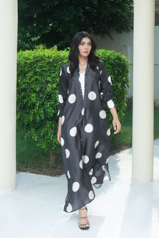 Black Silk Digitital Printed polka dots long Shirt
