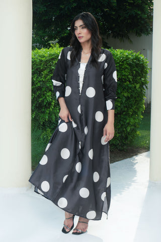 Black Silk Digitital Printed polka dots long Shirt
