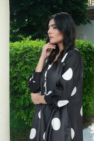 Black Silk Digitital Printed polka dots long Shirt