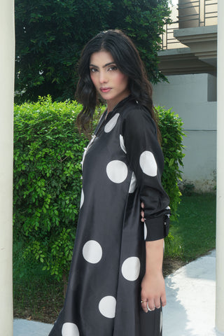 Black Silk Digitital Printed polka dots long Shirt