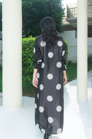 Black Silk Digitital Printed polka dots long Shirt