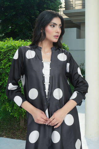 Black Silk Digitital Printed polka dots long Shirt