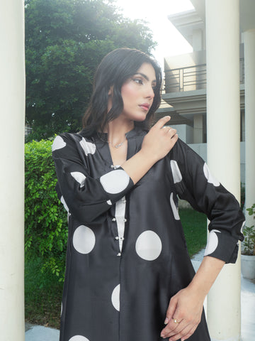 Black Silk Digitital Printed polka dots long Shirt