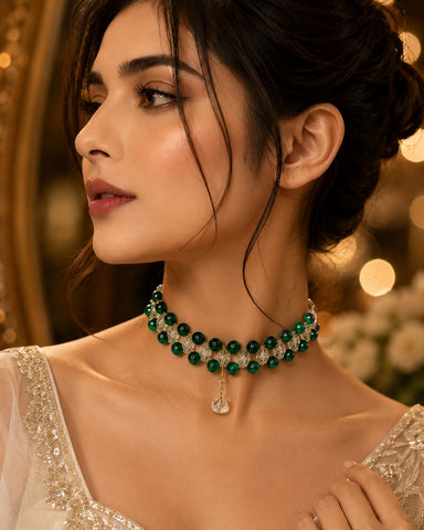 emerald-green & crystal beaded choker