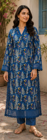Blue Printed Lawn Long Shirt