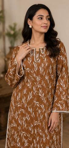 Brown Printed Lawn Long Shirt