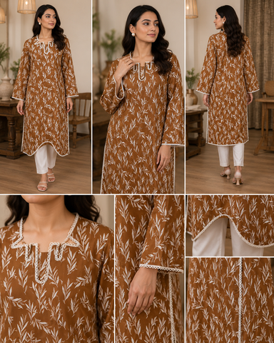 Brown Printed Lawn Long Shirt