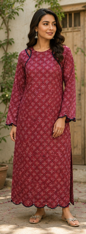 Red Printed Lawn Long Shirt