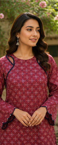 Red Printed Lawn Long Shirt