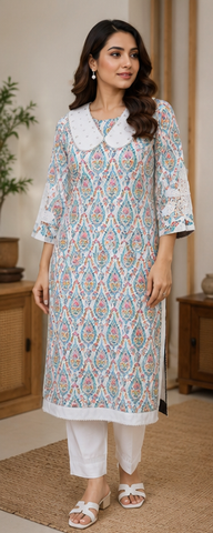 White Printed Lawn Long Shirt
