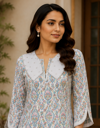 White Printed Lawn Long Shirt